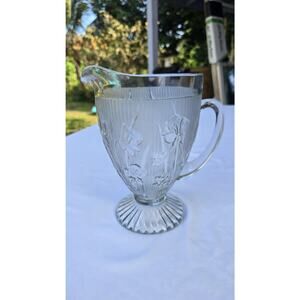 Vintage Jeanette Iris and Herringbone Clear Glass Pitcher Floral Embossed *damag